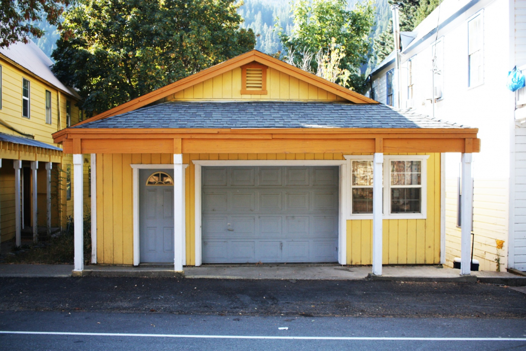A garage door in a house