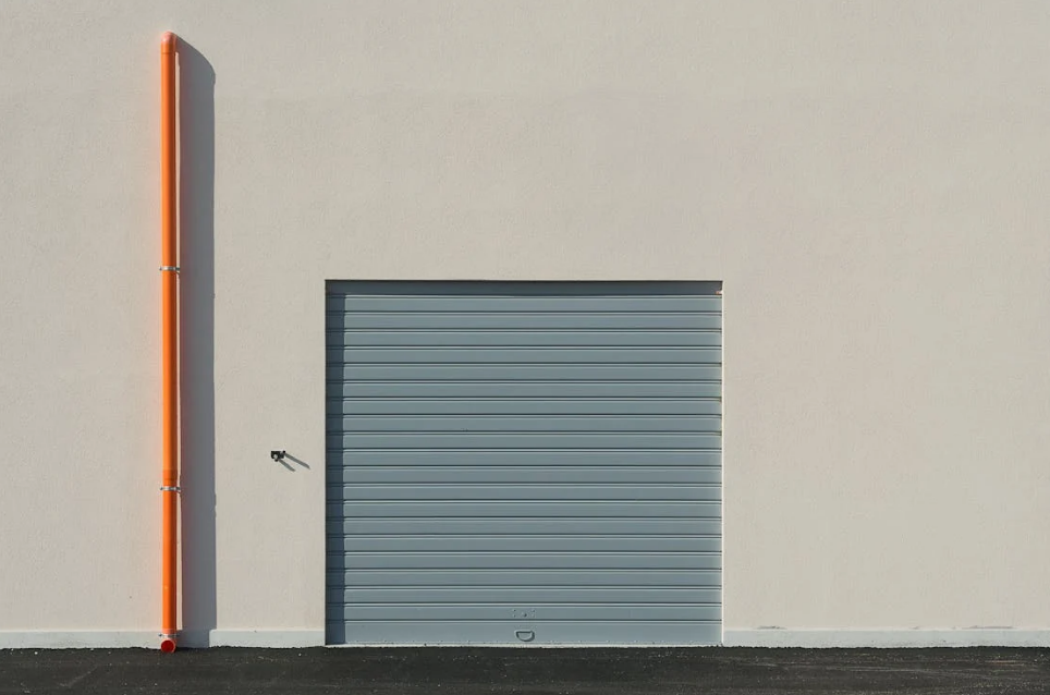 a gray colored steel garage door